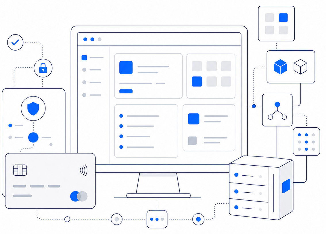 Digital commerce platform, payment module and software commerce illustration